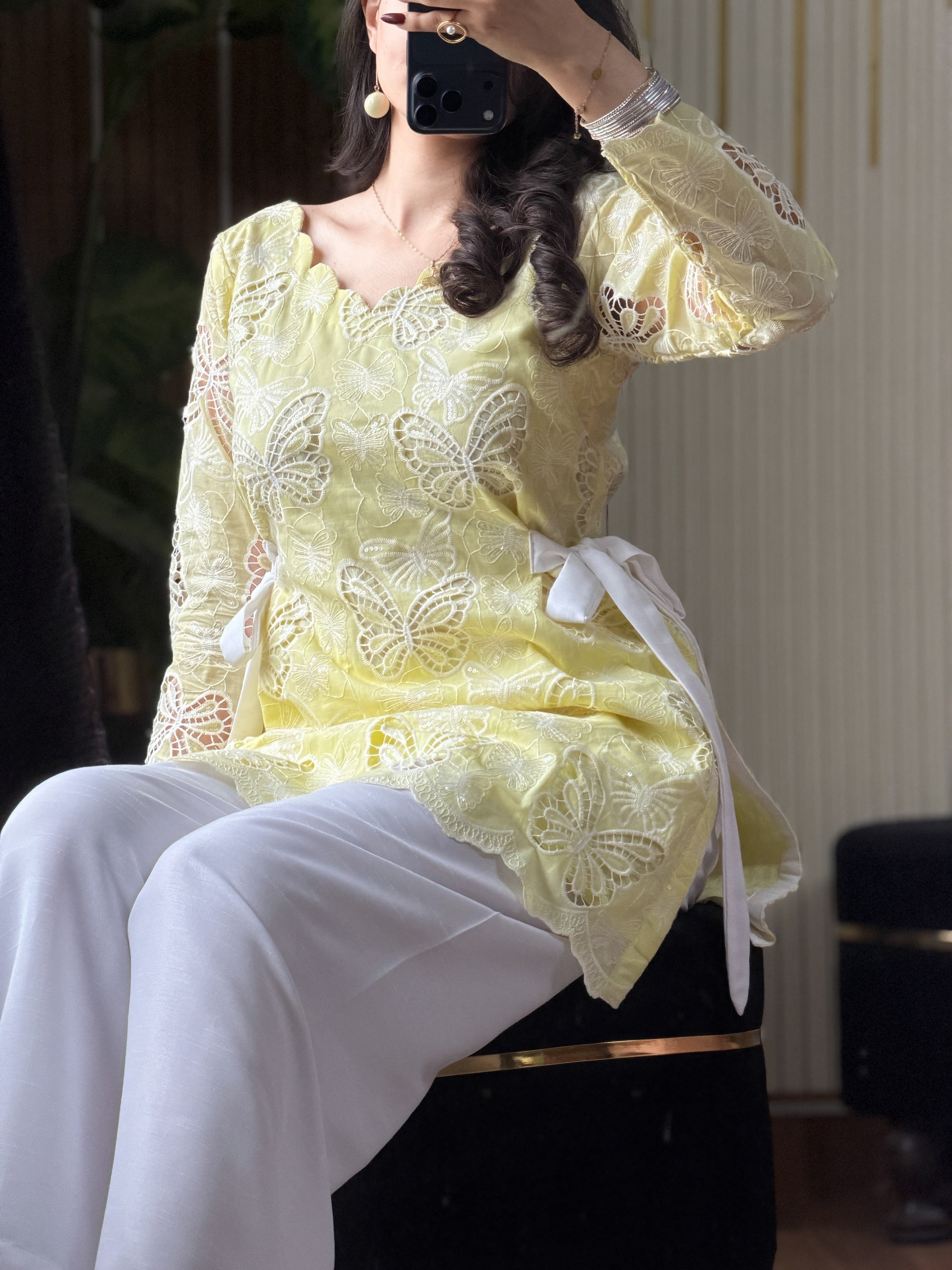 Meher Lemon Butterfly Embroidered Kurta Palazzo Set
