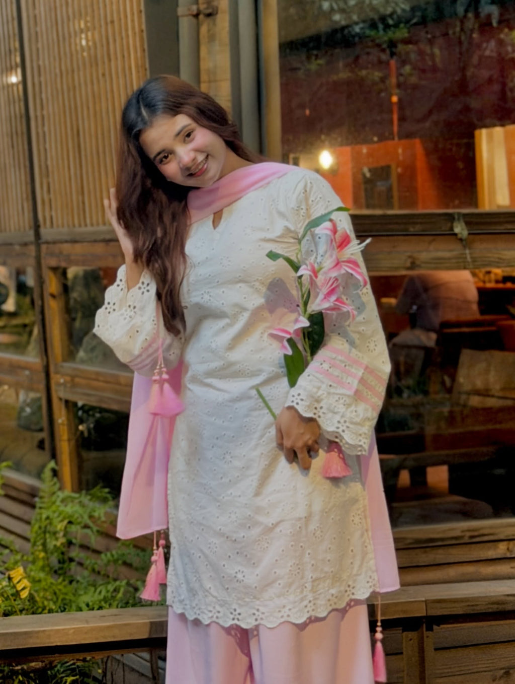 Blush Pink Chikankari Cotton Kurta with Palazzo & Dupatta