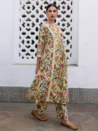 Beige Cotton Floral Kurta Pant Set