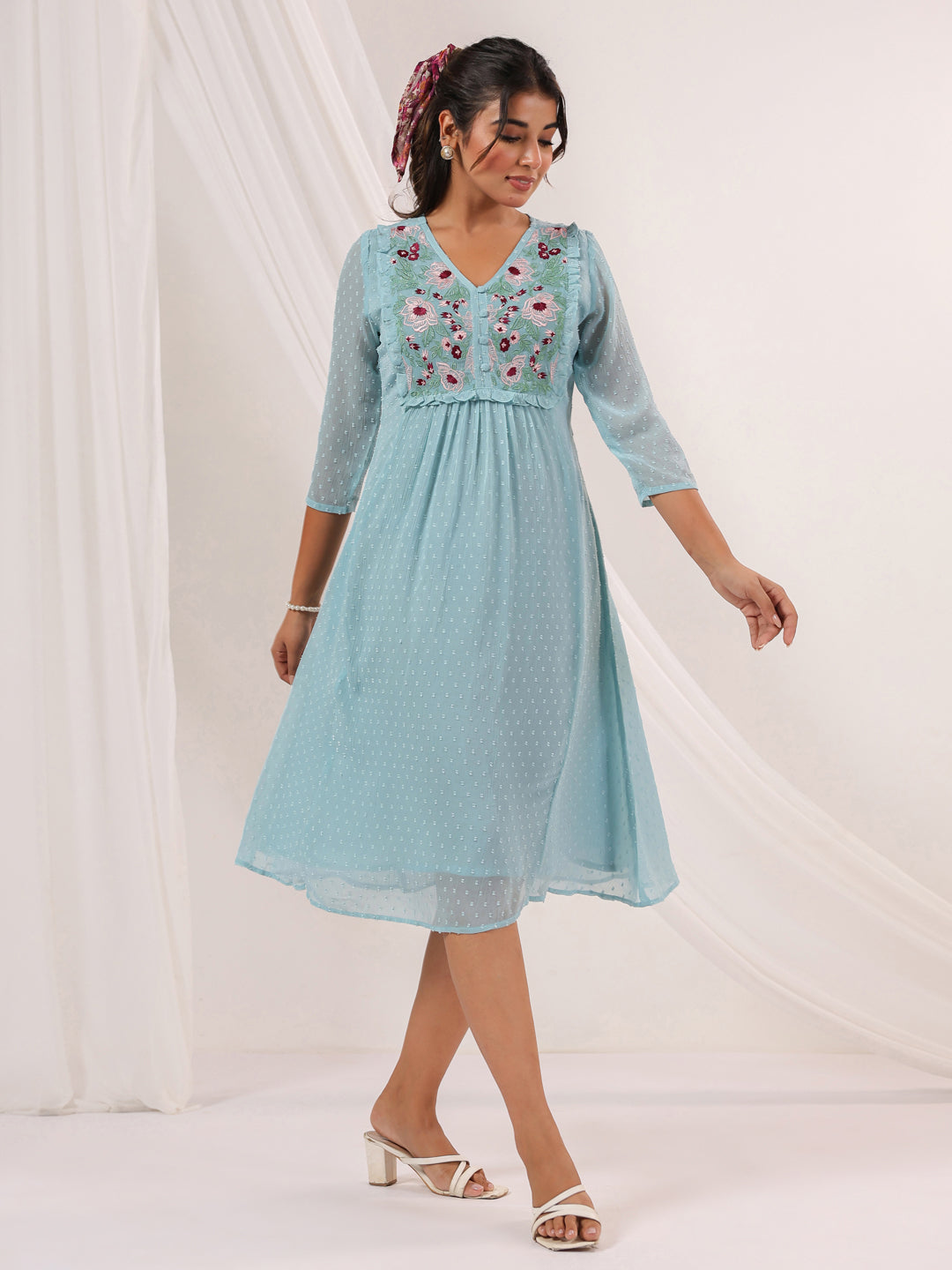 Niva's Women's Light Blue Dobby Chiffon Embroidered A-line Dress