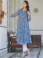 Niva's Women's Blue Chiffon Lurex Floral Printed A-line Kurta