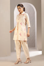 Light Peach Slub Cotton Embroidered Straight Kurta and Pant Set