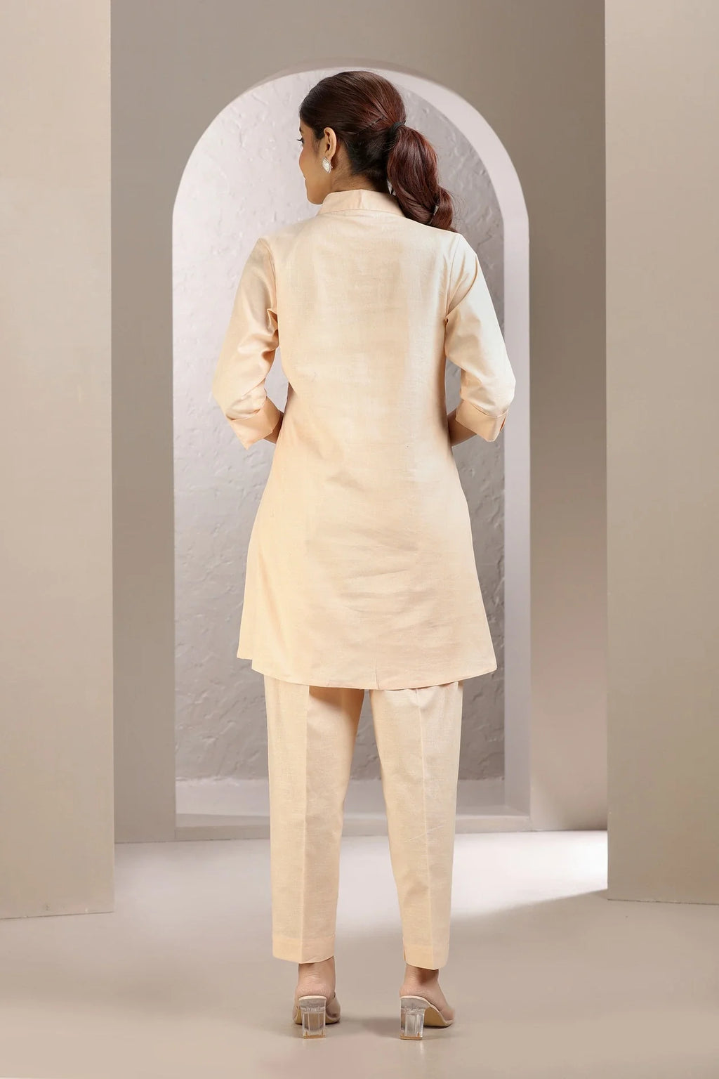 Light Peach Slub Cotton Embroidered Straight Kurta and Pant Set
