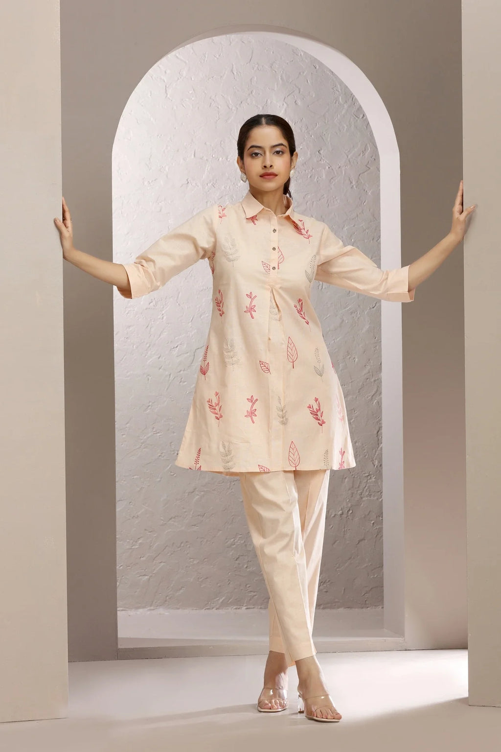 Light Peach Slub Cotton Embroidered Straight Kurta and Pant Set