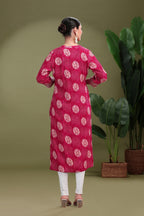 Bright Pink Cotton Printed Straight Kurta