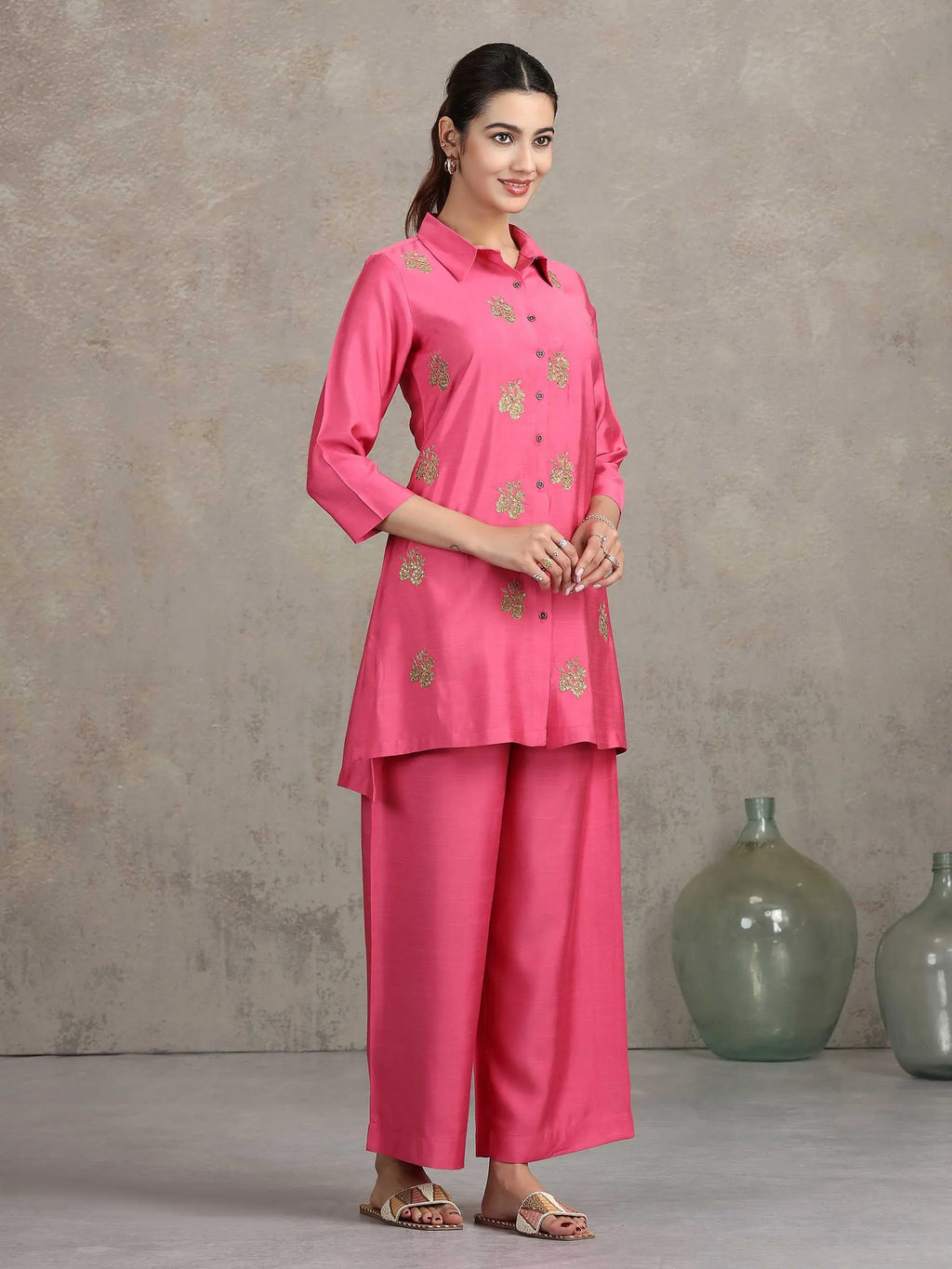 Pink Floral Embroidered Straight Co-ord Set