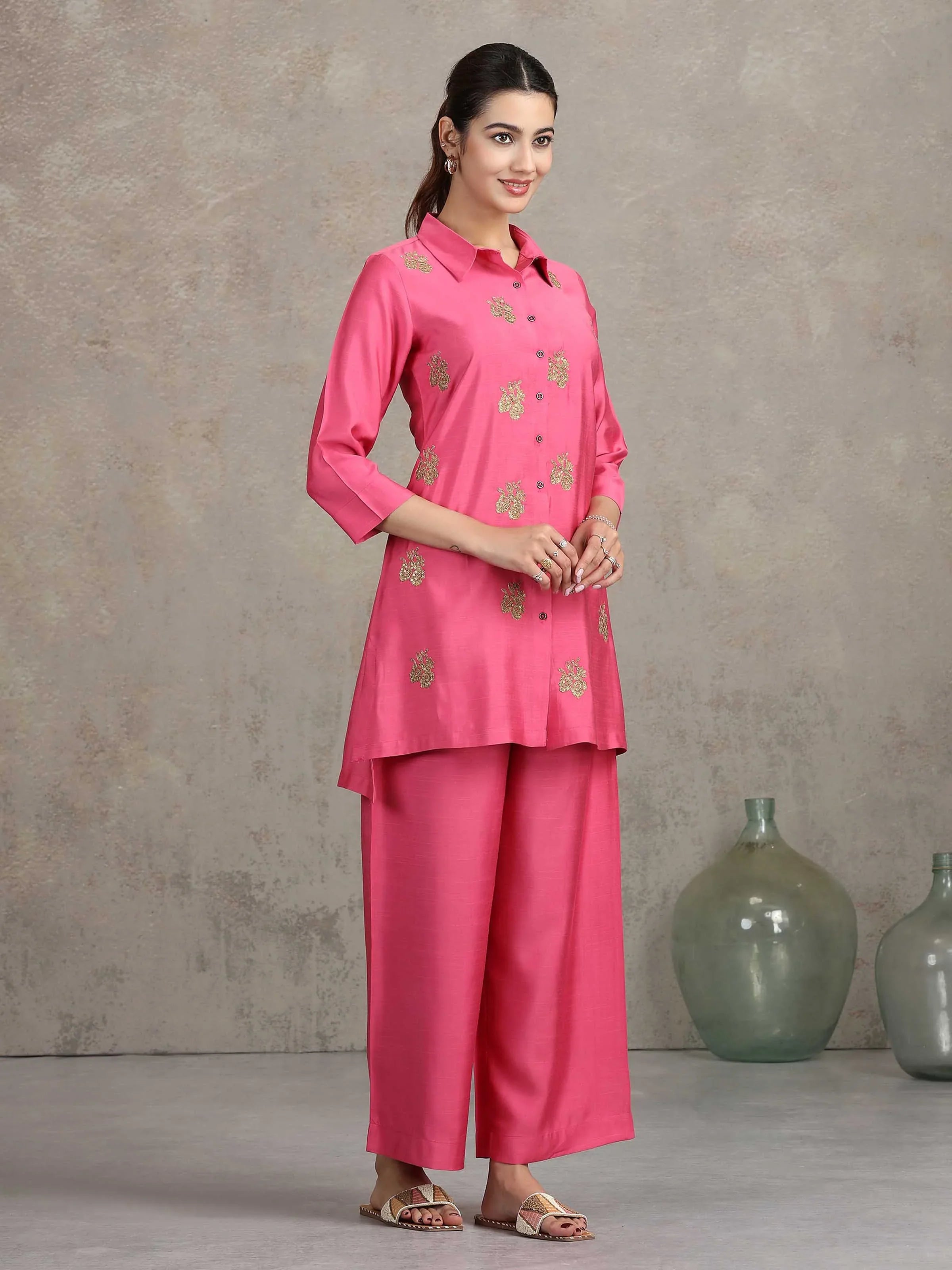Pink Floral Embroidered Straight Co-ord Set