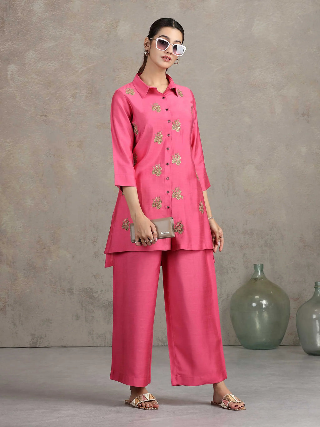 Pink Floral Embroidered Straight Co-ord Set