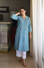Blue and Pink Handblock Printed Panelled Kurta with White Pyjama