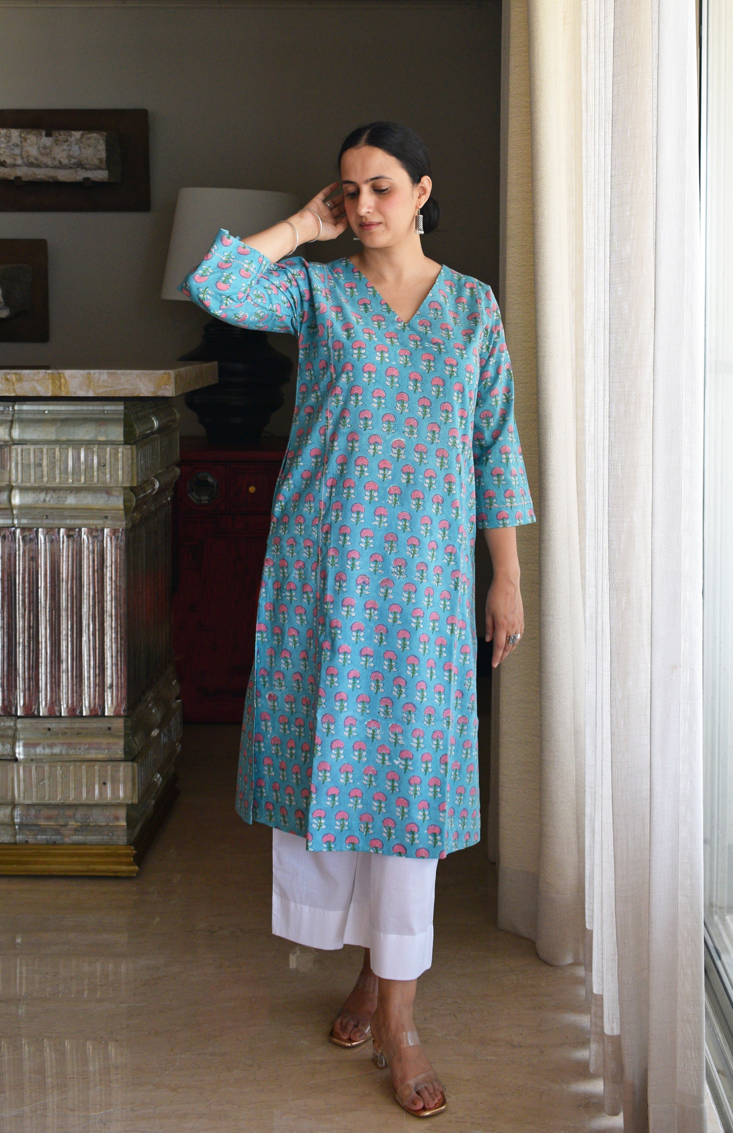 Blue and Pink Handblock Printed Panelled Kurta with White Pyjama