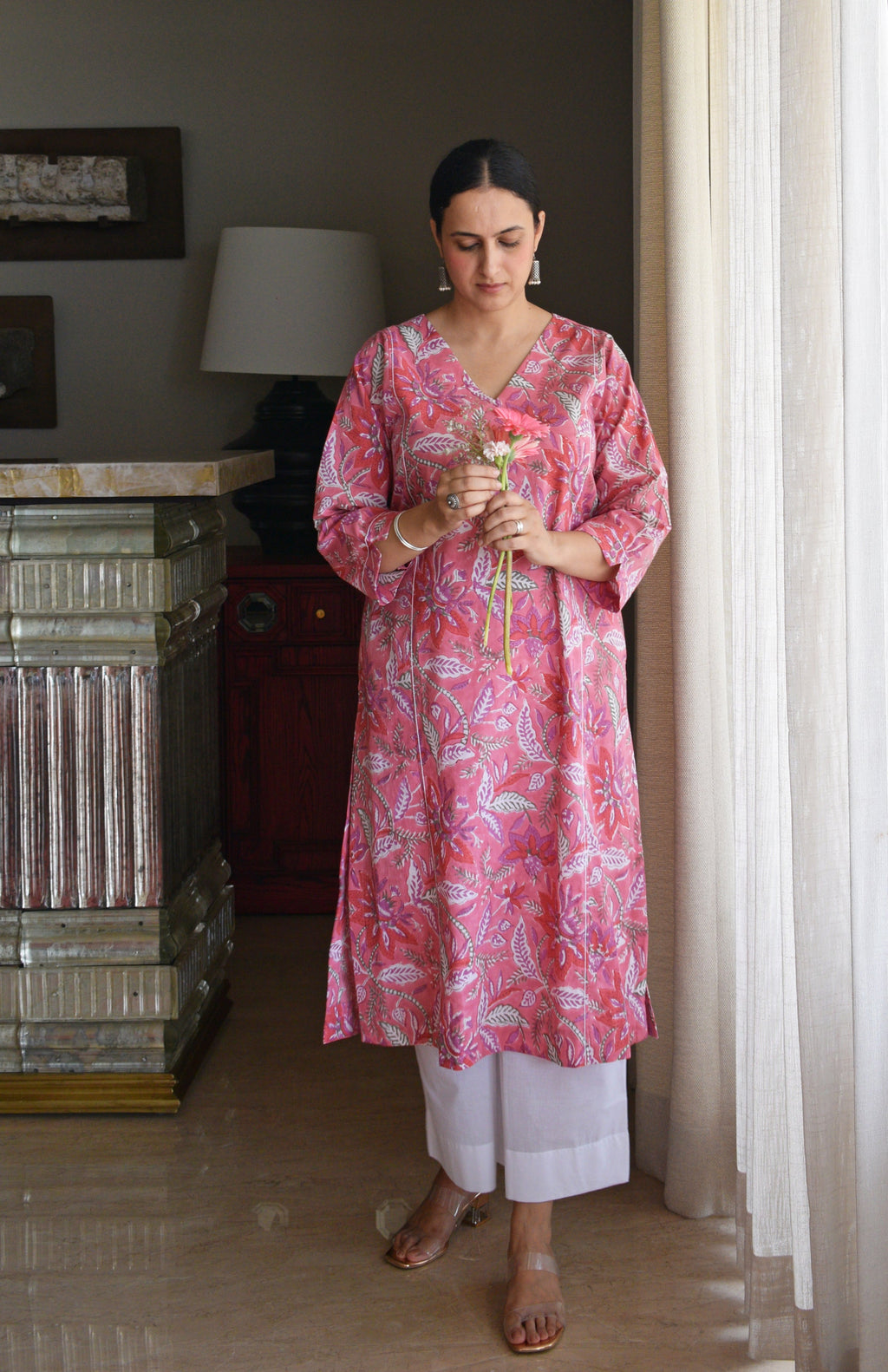 Pink Handblock Printed Panelled Kurta with White Pyjama