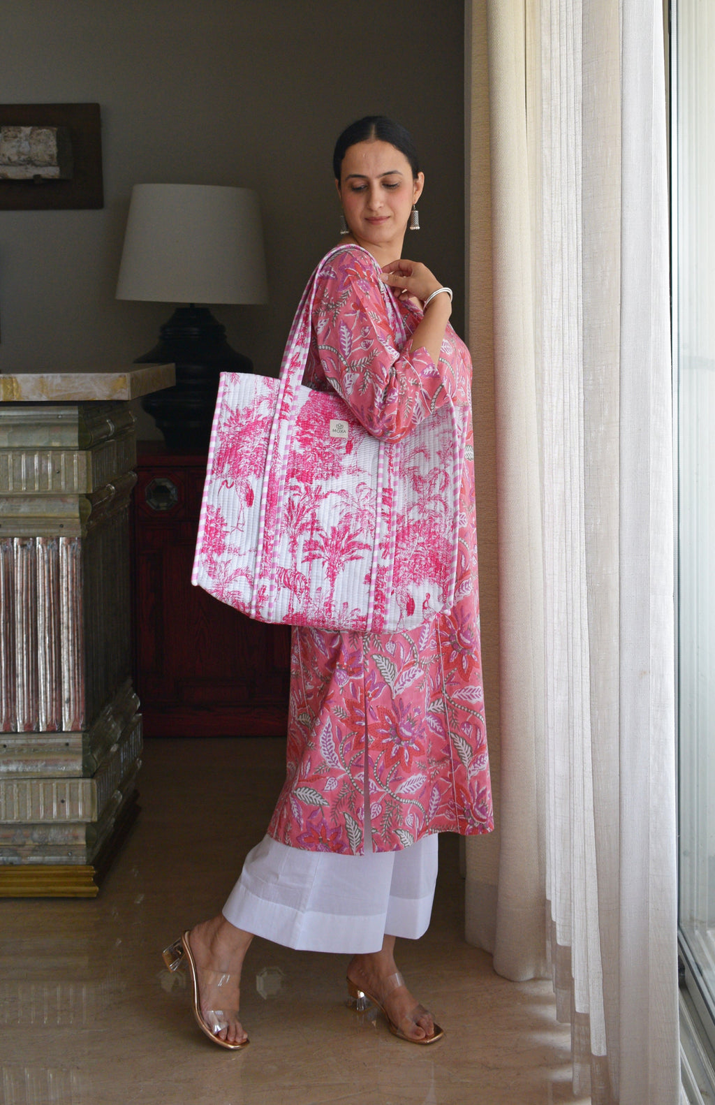 Pink Handblock Printed Panelled Kurta with White Pyjama