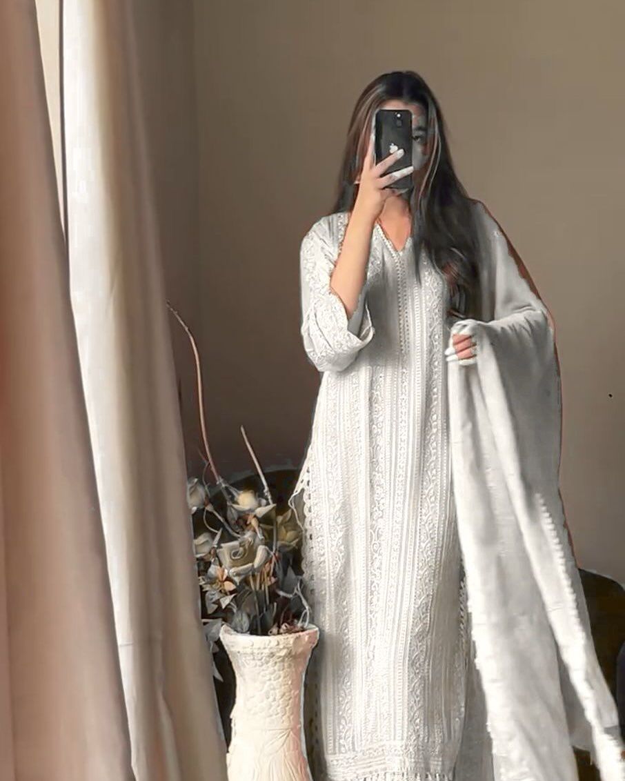 Pihu White Embroidered Top Palazzo Set