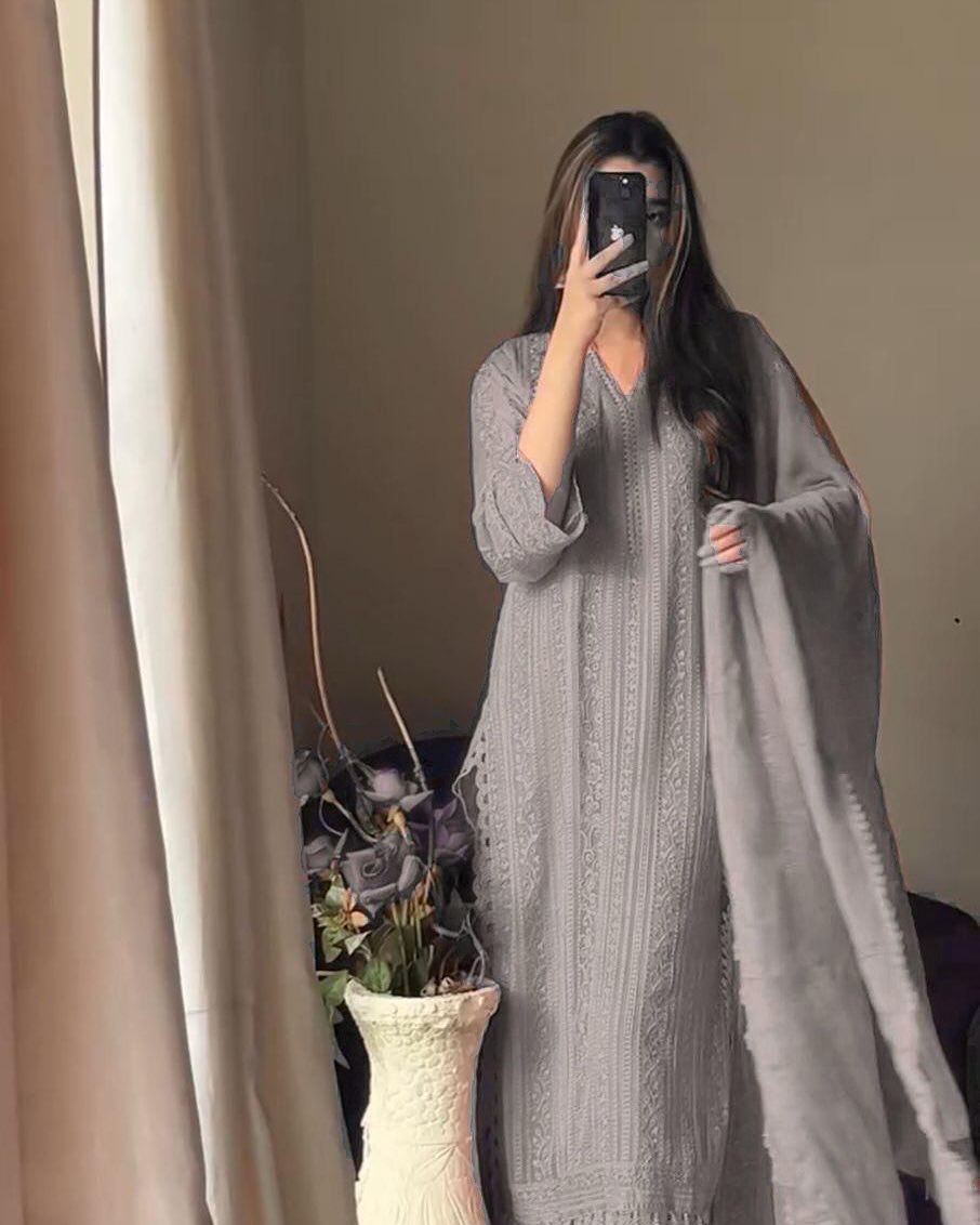 Diya Grey Embroidered Top Palazzo Set
