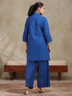 Royal Blue Floral Embroidered Straight Co-ord Set