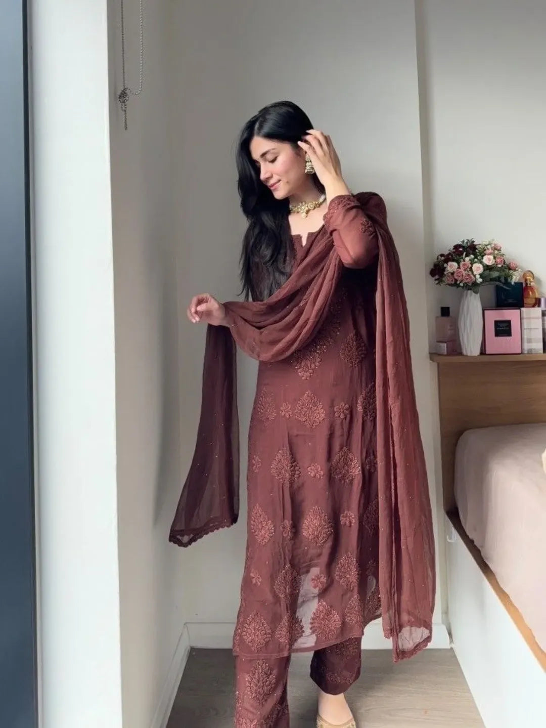 Zarika Mocha Chikankari Kurta Set