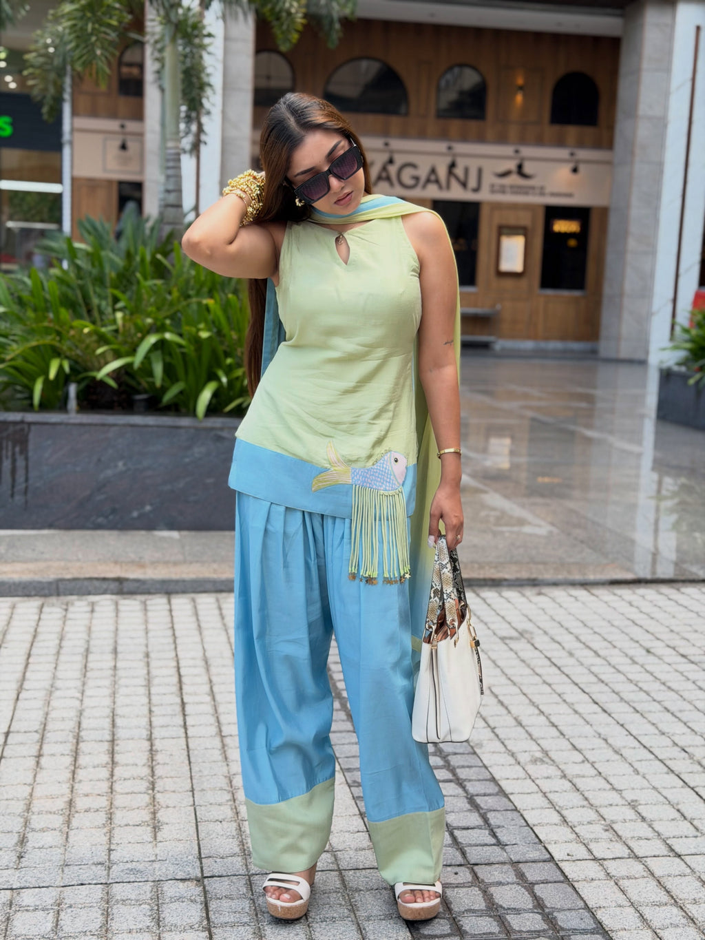 Aurevia Mint & Sky Blue Fusion Sharara Set