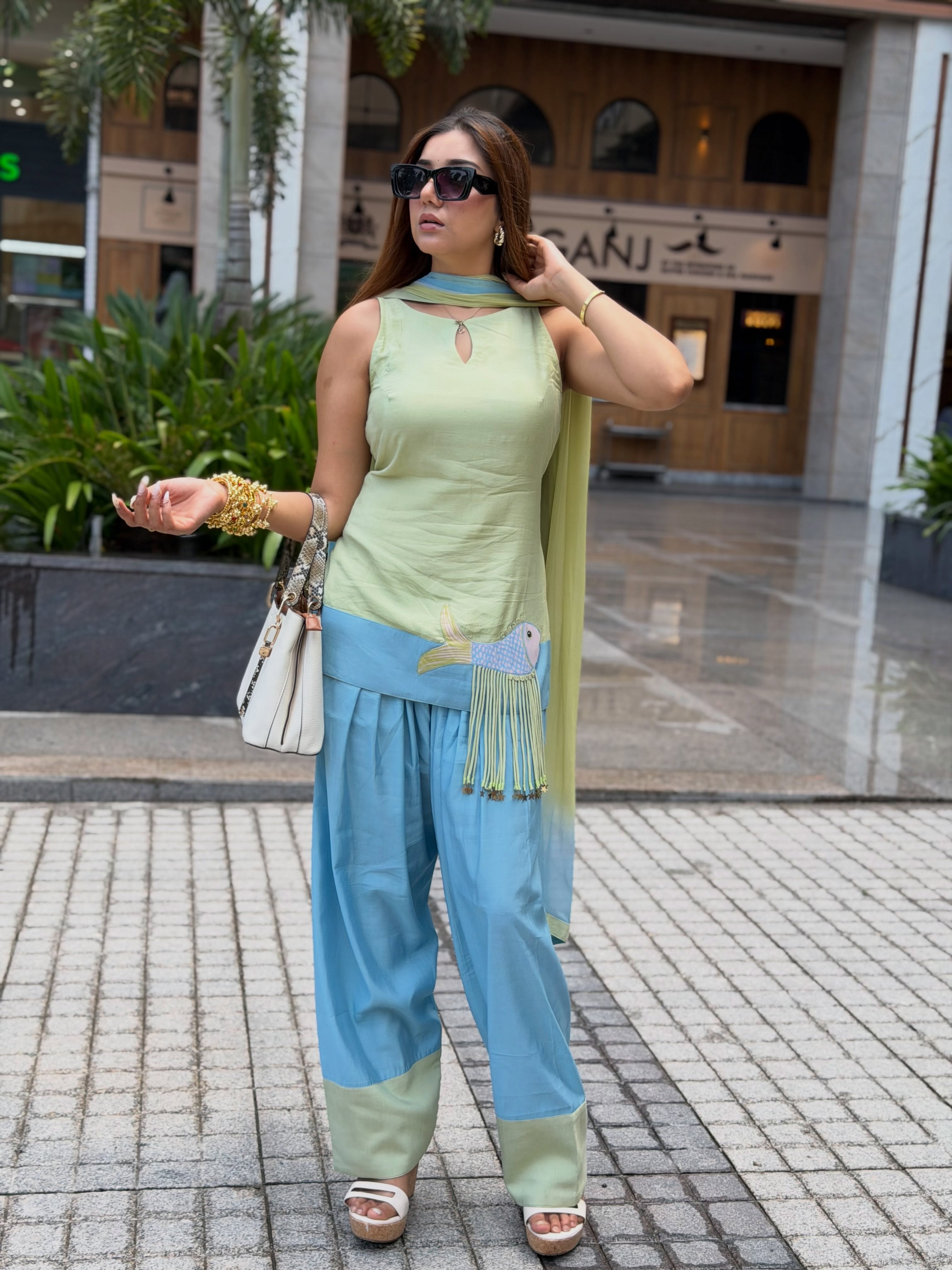 Aurevia Mint & Sky Blue Fusion Sharara Set