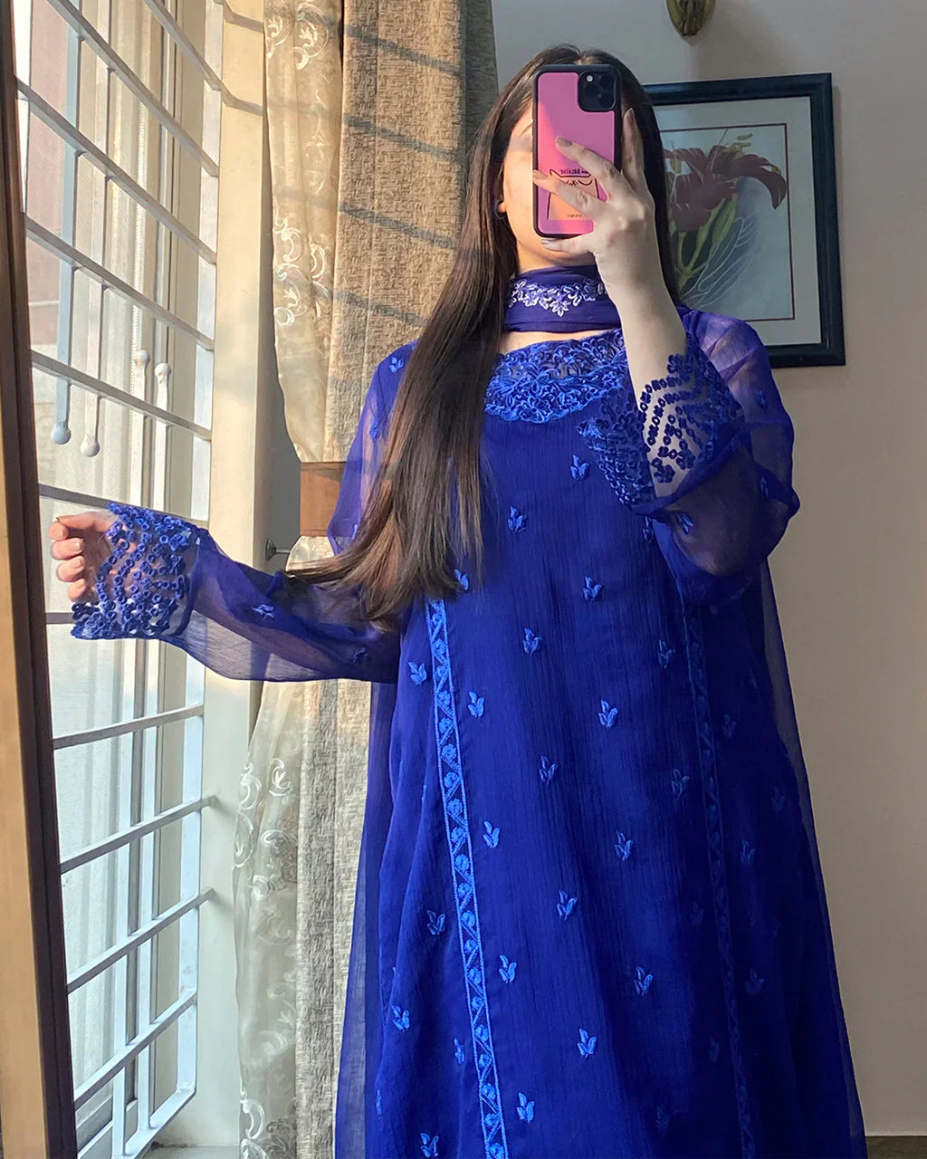 Aalina Navy Delight Chiffon Embroidered 4PC Dress