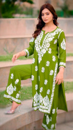 Navya Dark Green Lucknowi Chikankari Kurti Pant Set