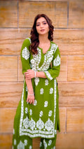 Navya Dark Green Lucknowi Chikankari Kurti Pant Set