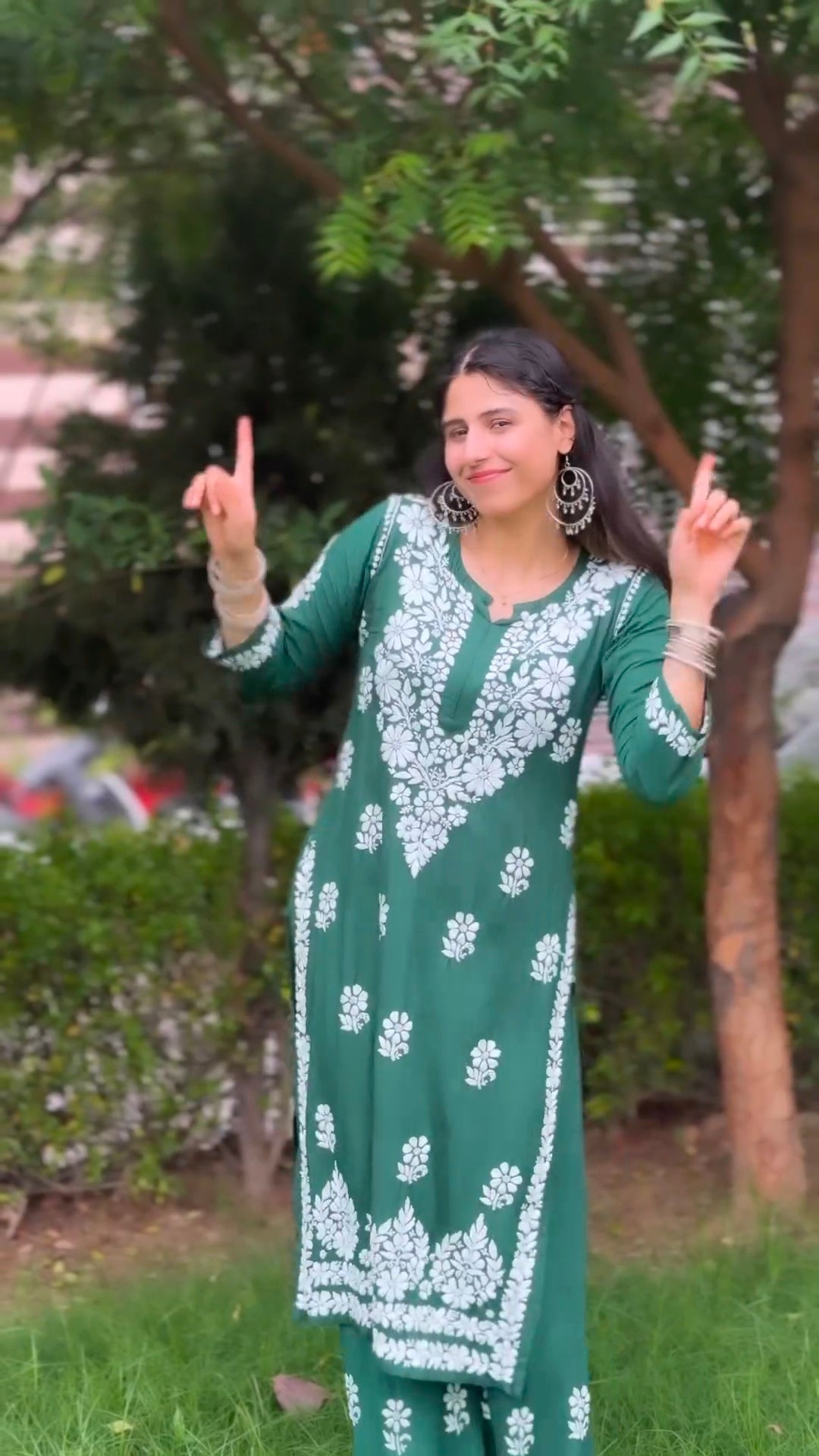 Pavika Green Lucknowi Chikankari Kurti Pant Set