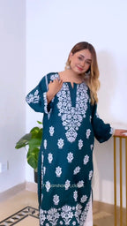 Ushma Zinc Green Chikankari Kurti Pant Set
