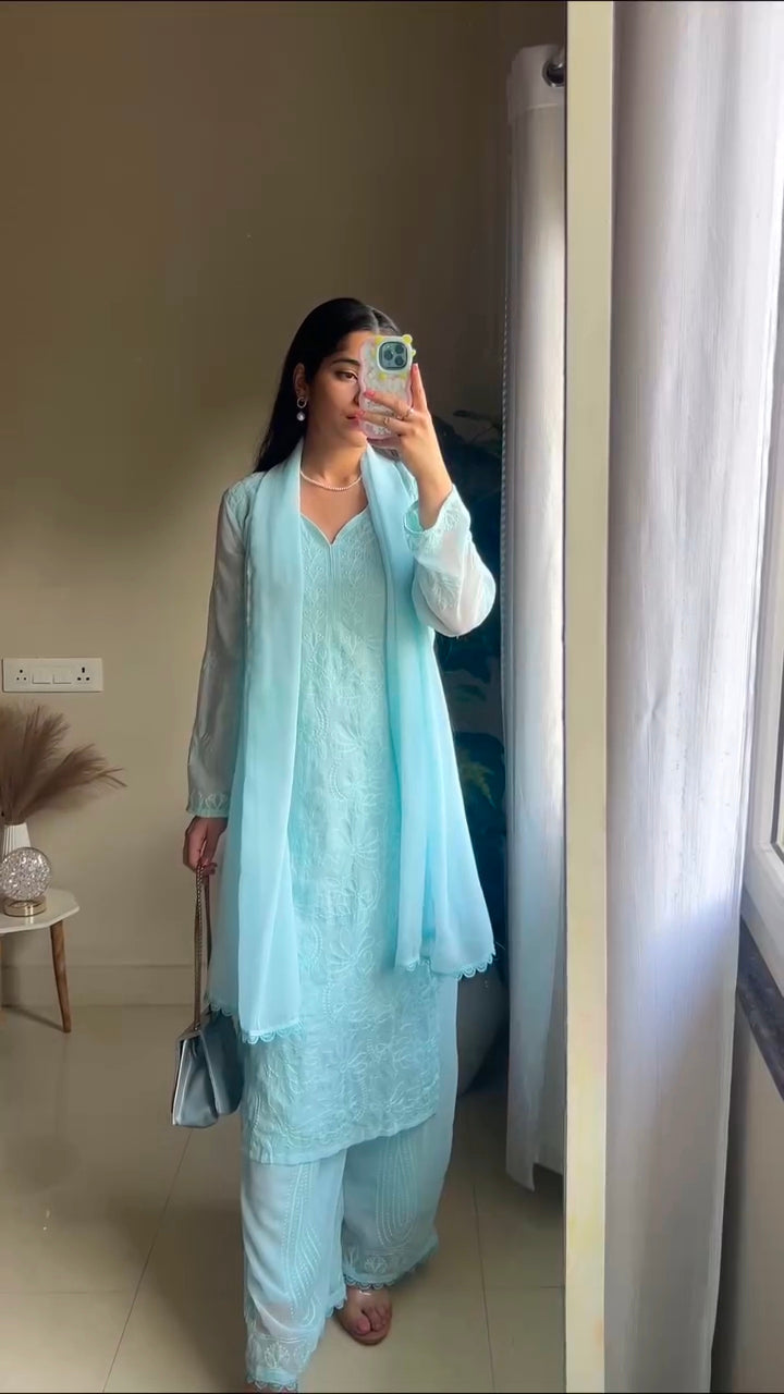 Harini Sky Blue Chikankari Kurta Palazzo Set