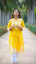 Tanisha Yellow Cotton Chikankari Long Kurta