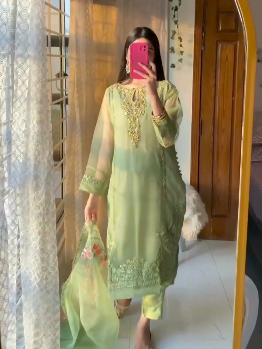 Urmila Pista Green 4-Piece Stitched Organza Dress
