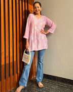 Alya Pink Chikan Rayon A-Line Kurti