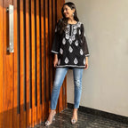 Zoya Black Chikan Rayon A-Line Kurti