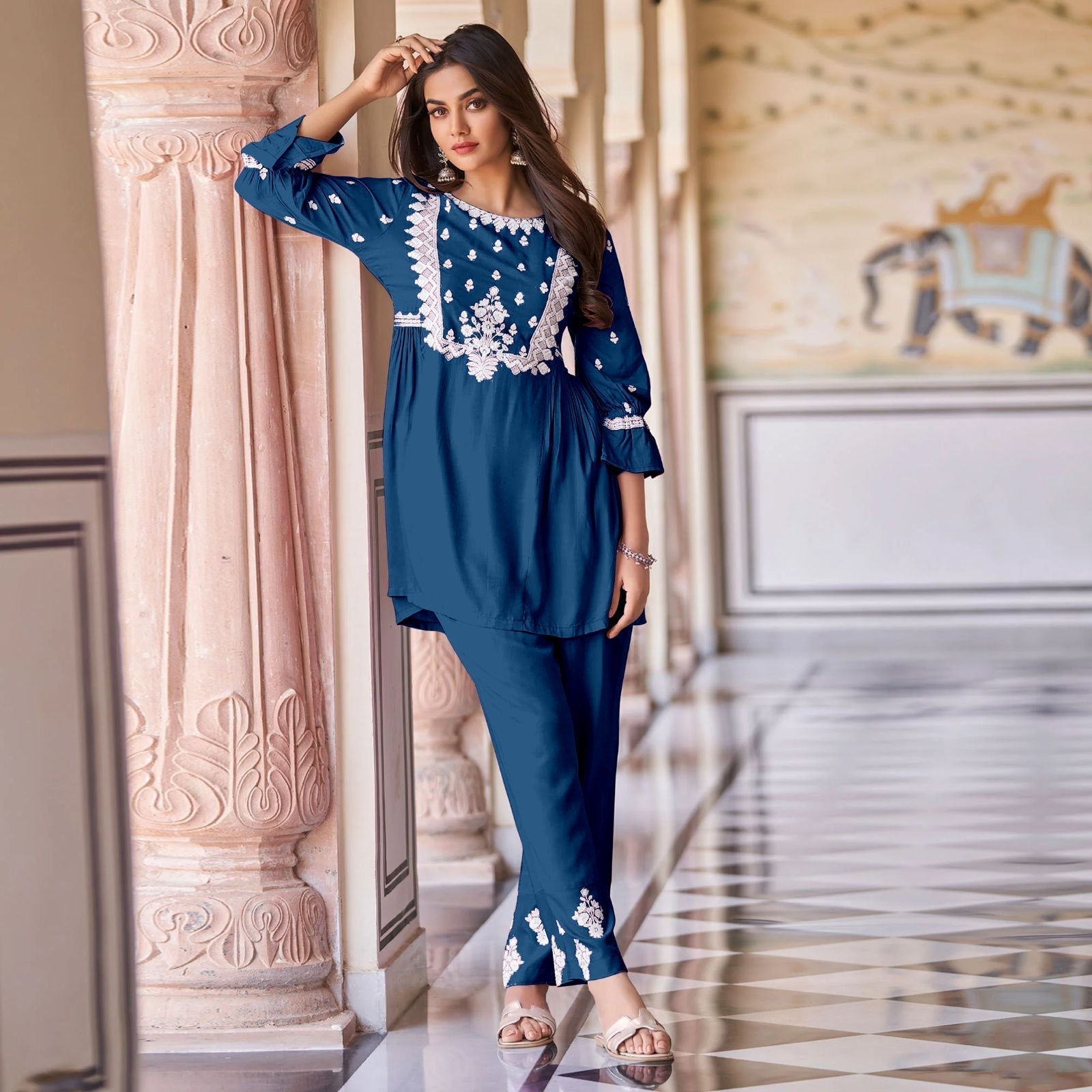 Tanirika Navy Blue Chikankari Exclusive Kurti Pant Set