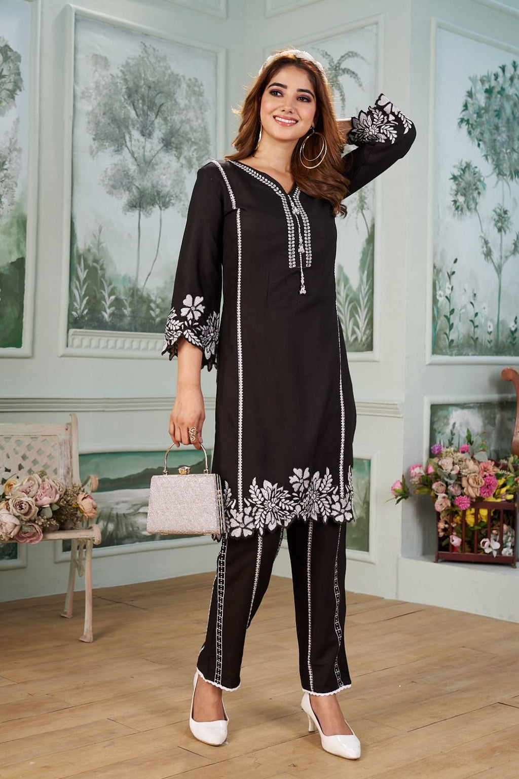Ishani Black Chikan Embroidery Kurti Pant Set