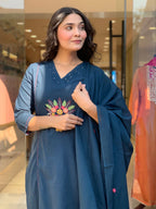Blue Embroidered Cotton Flex Kurta and Pant Set with Dupatta