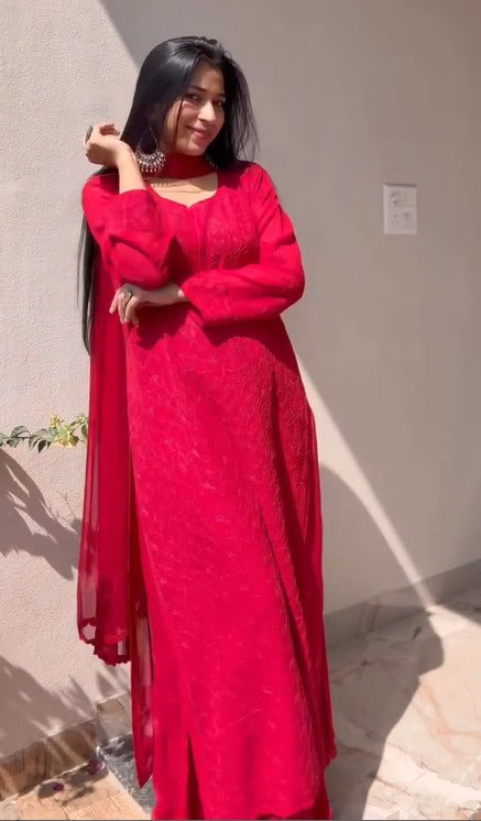 Ira Red Chikankari Kurta Set