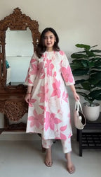 Women Floral Printed Pleated Pure Cotton Kurta with Trousers
