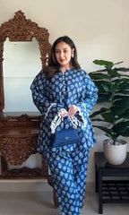 Women Blue Floral Choga Kurta With Pharsi Salwar