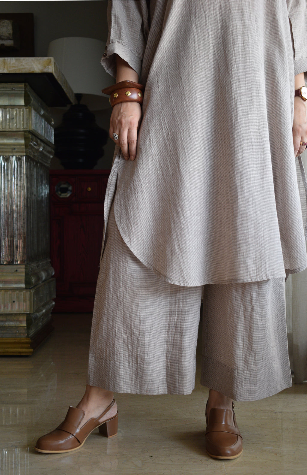Light Brown Checks Antifit Co-ord Set in Handwoven Cotton