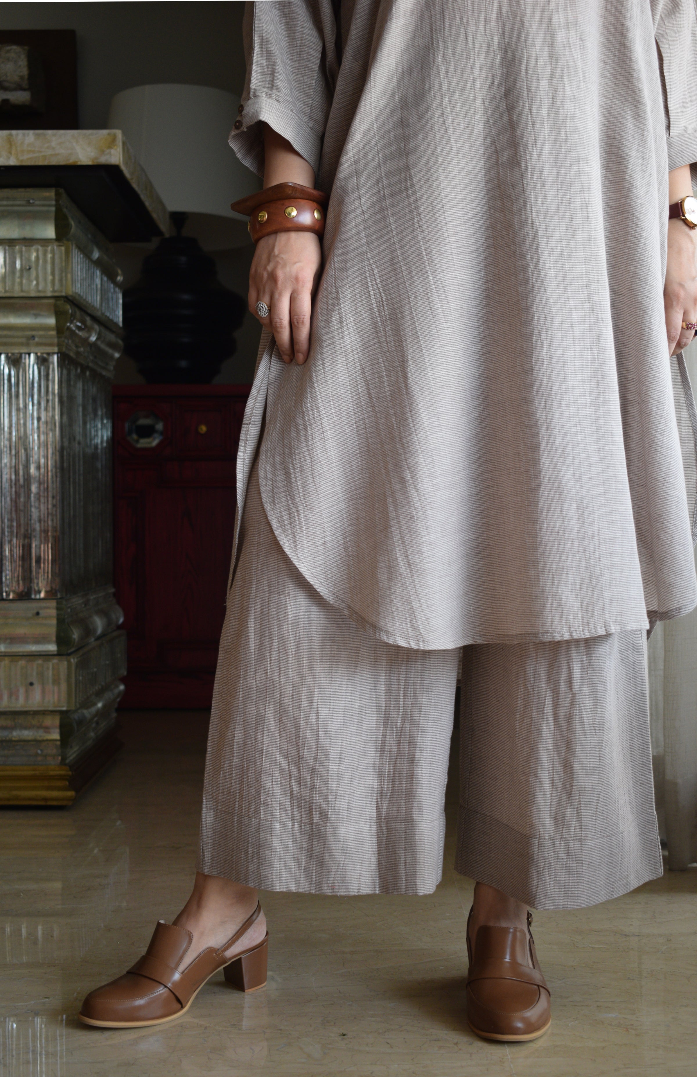 Light Brown Checks Antifit Co-ord Set in Handwoven Cotton