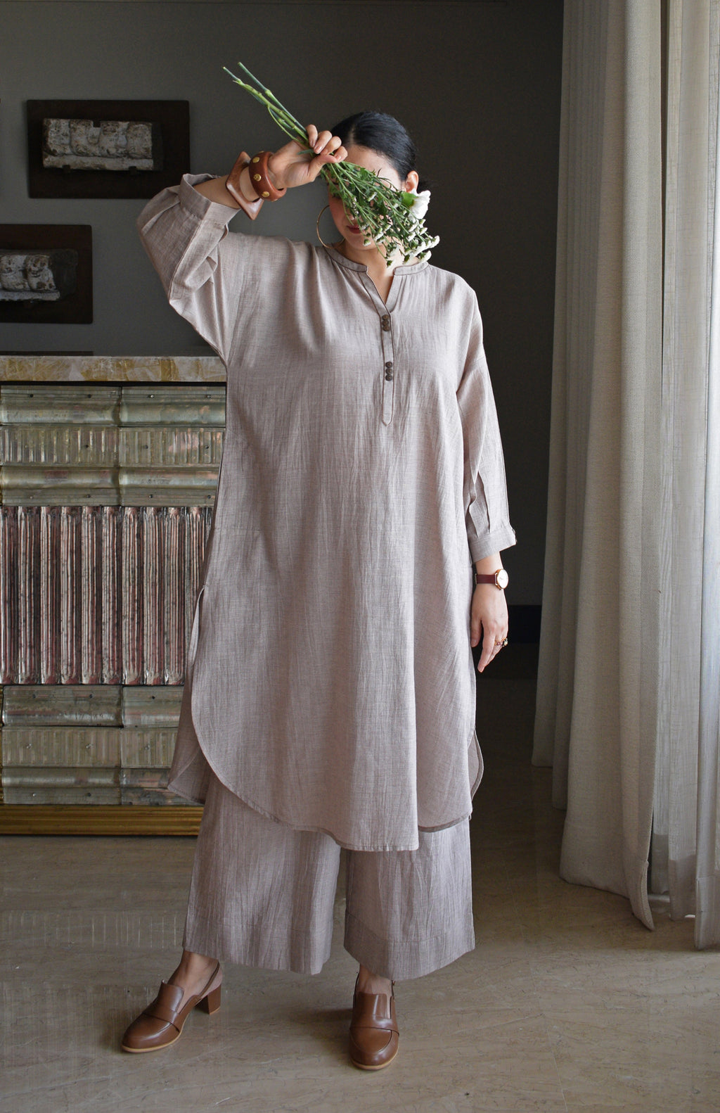 Light Brown Checks Antifit Co-ord Set in Handwoven Cotton
