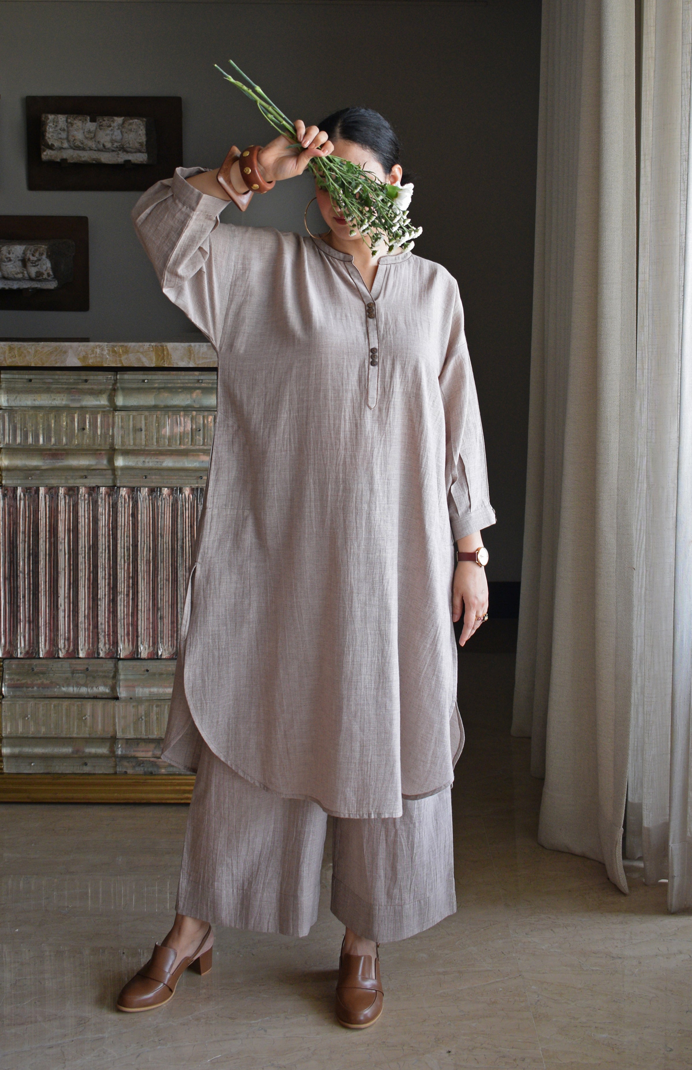 Light Brown Checks Antifit Co-ord Set in Handwoven Cotton