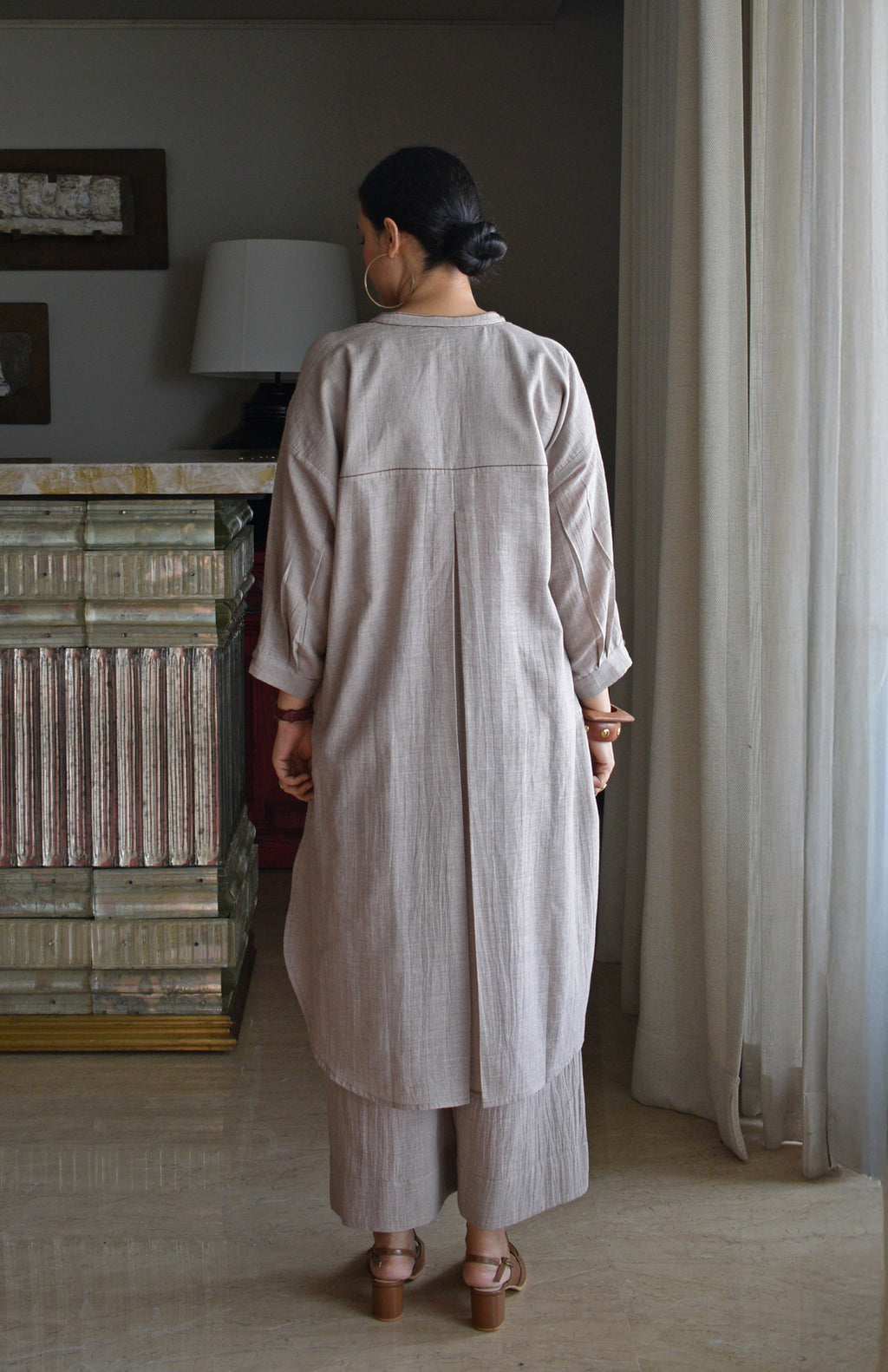 Light Brown Checks Antifit Co-ord Set in Handwoven Cotton