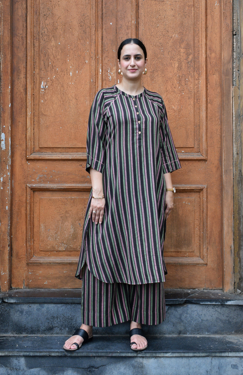 Charcoal Handwoven Striped Co-ord set with Raglan Sleeves and Wide Legged Pyjama