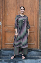Charcoal Handwoven Striped Co-ord set with Raglan Sleeves and Wide Legged Pyjama