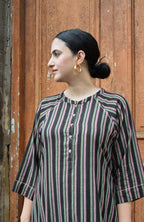 Charcoal Handwoven Striped Co-ord set with Raglan Sleeves and Wide Legged Pyjama