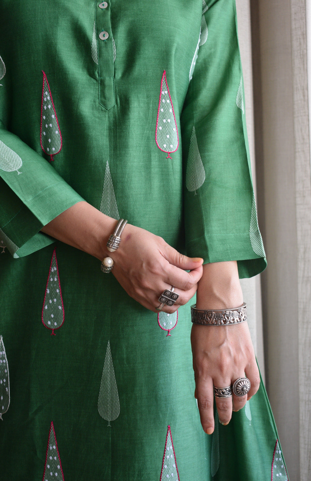 Green Chanderi Hand Embroidered A line Kurta