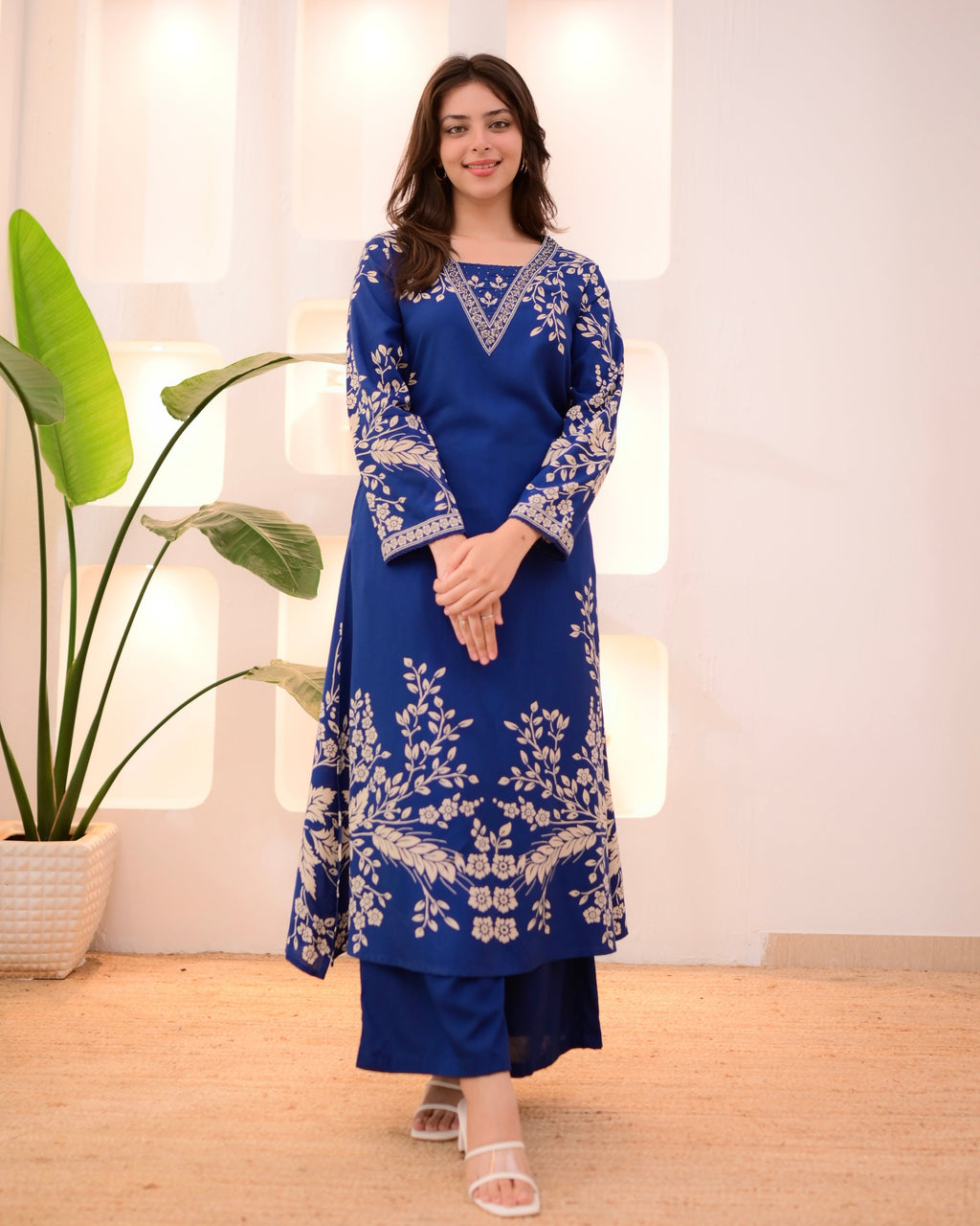 Morocco Blue Petals Cotton A Line Kurta Palazzo Set