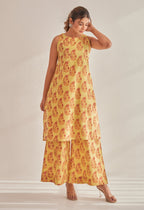 Mustard Sleeveless floral Buta Hand Block  Printed Coord Set
