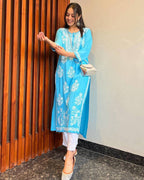 Avni Sky Blue Chikan Kurti Pant Set
